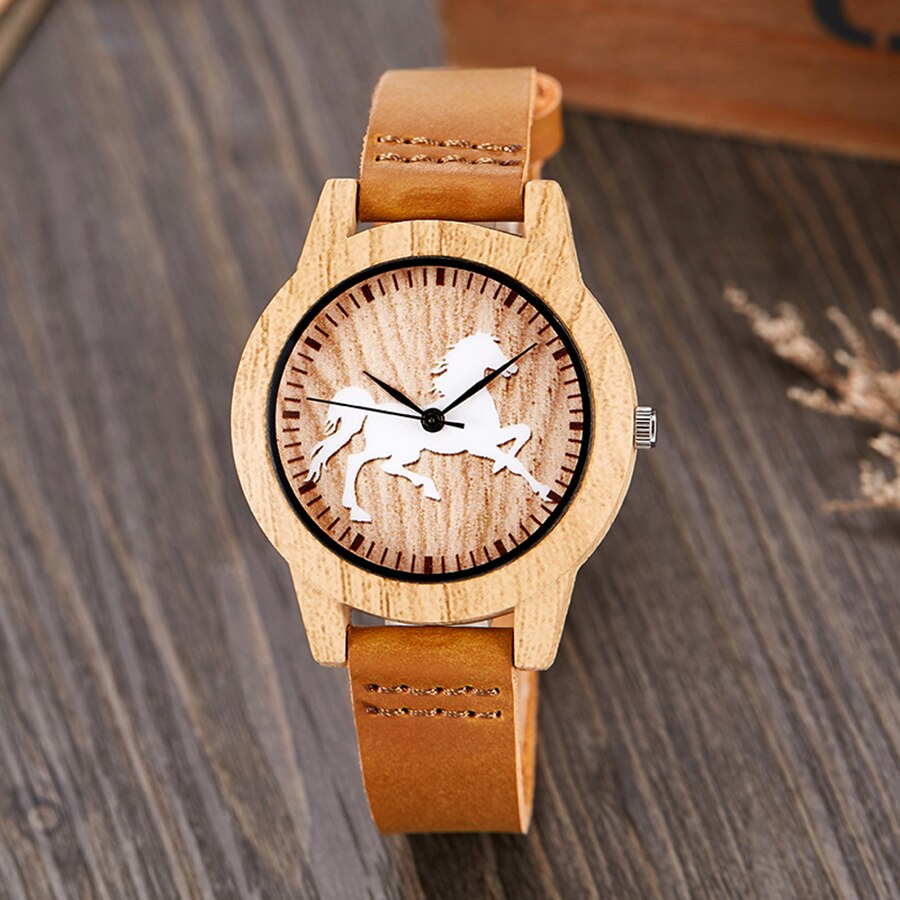 Imitatie houten horloge mannen vrouwen imitatie houten polshorloge zachte leren band mannen kwarts paar pols klok schedel bidsprinkhaan paard uur: Paardenvrouwen