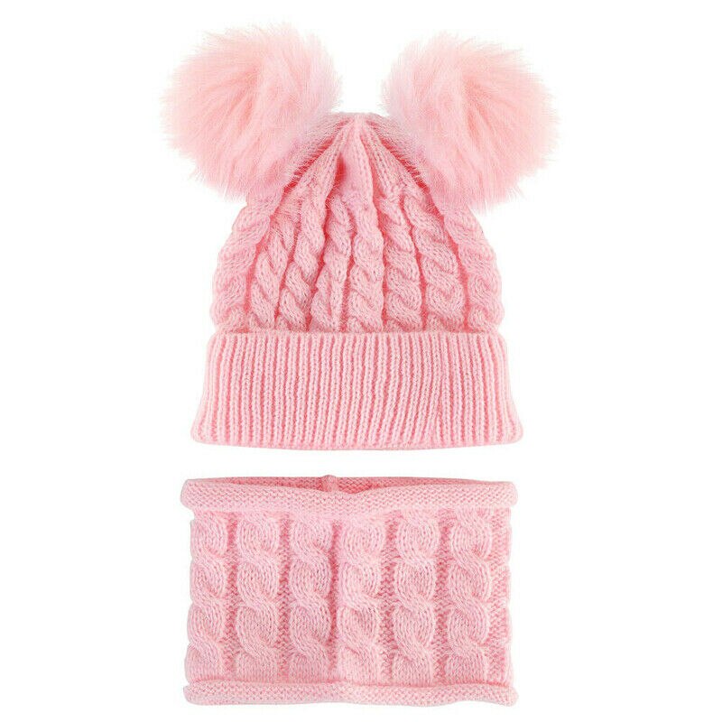 Kit de Gorro con pompón para niño y niña, gorro de punto cálido para invierno, conjunto de bufanda con dos pompones, d88: Pink