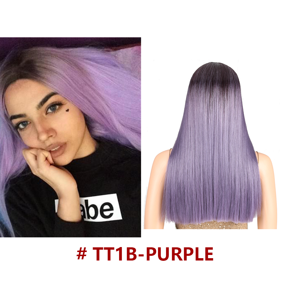 Bella Longue Droite Ombre Bleu & Vert Rose Blond Violet Violet Noir Bleu vert cheveux pièce 7 couleurs Résistant À La Chaleur Synthétique Dentelle Perruques Pour Les Femmes 20 pouce partie médiane droite colorée perruq: TT1B-PURPLR