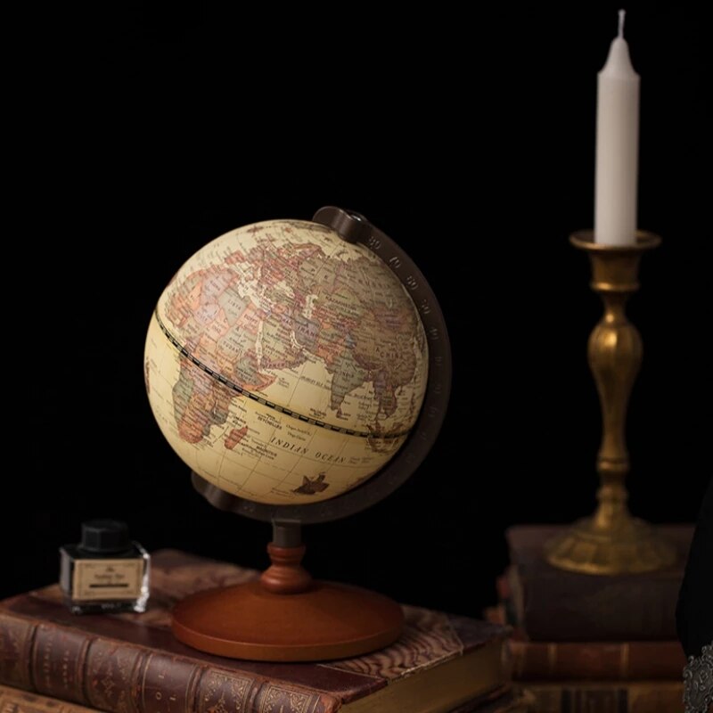 World Globe Earth Map English Retro Wooden Base Terrestrial Globe Geography Education Decorative Globe Bussiness 14cm