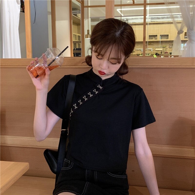 Black Cheongsam Top Asian Streetwear T Shirt Crop Tops For Teens Chinese Style Clothing Women Gothic Crop Top Femme V2161