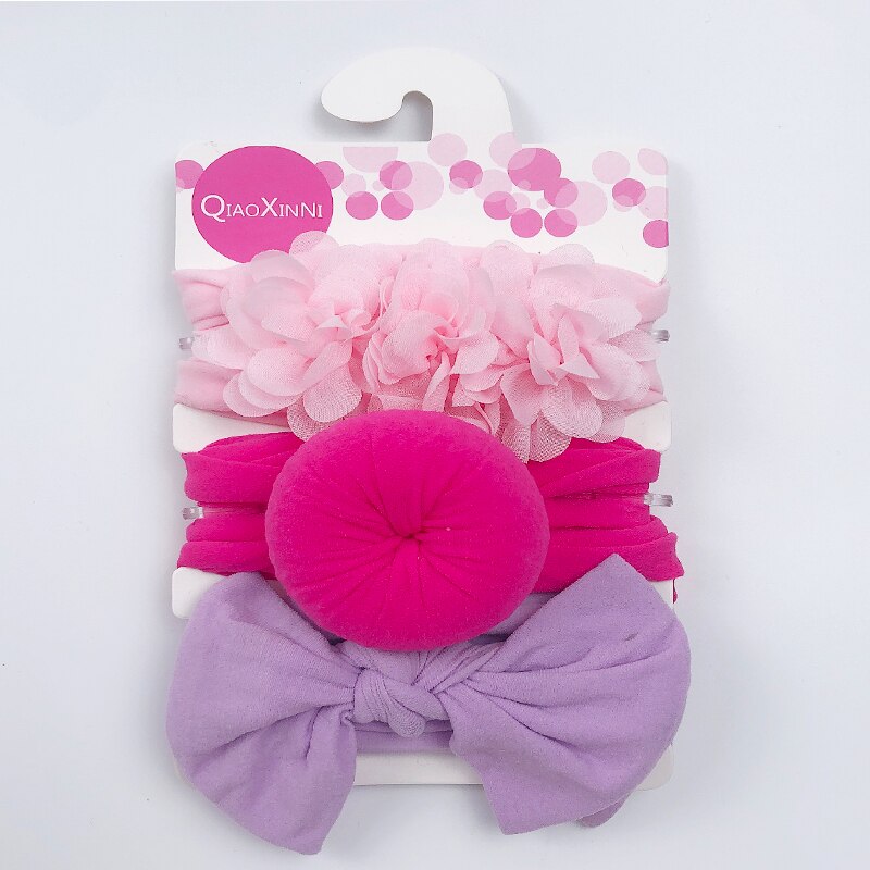 Ensemble de 3 bandeaux élastiques en mousseline de soie et nylon pour bébé,accessoires pour cheveux style turban avec nœud et fleur, couleur unie, pour fille, 3 pièces,