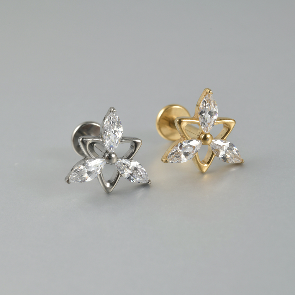 1pcs G23 Solid Titanium CZ Paard oog Bloem Kraakbeen Oorbel Stud 16G Intern Schroefdraad Zon Helix oor Tragus Piercing Sieraden: Black / Goud-kleur