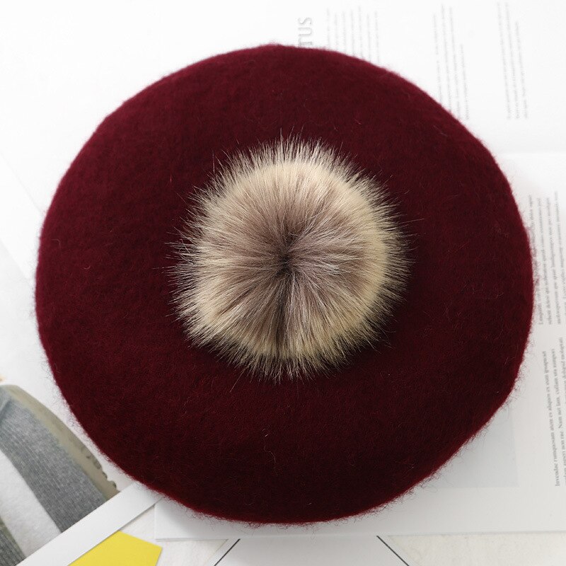 Vrouwelijke Winter Herfst Wollen Pompom Baret Hoed Effen Vrouwen Boina Franse Hoed Meisjes Outdoor Warm Baretten Schilder cap: Jujube red