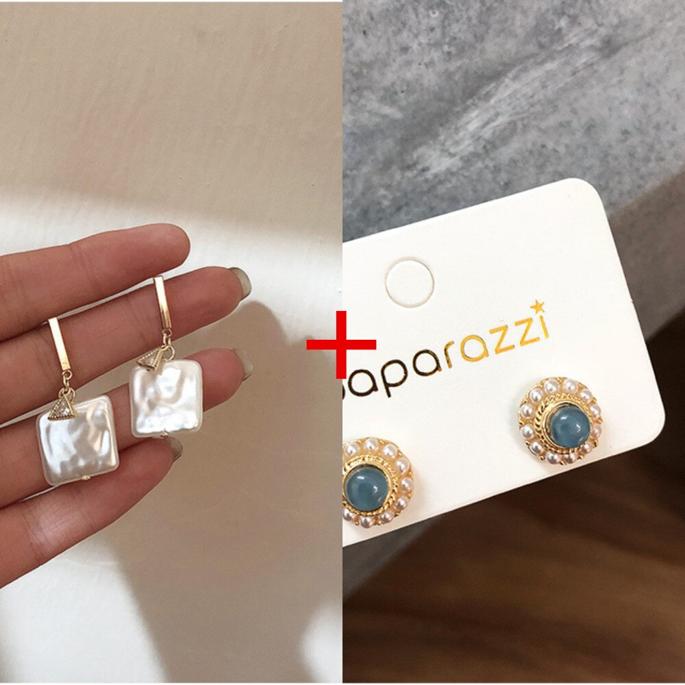 Korea Retro Square Acrylic Pearl Temperament Simple Zircon Earrings Baroque Metal Girl Party Ladies Earrings