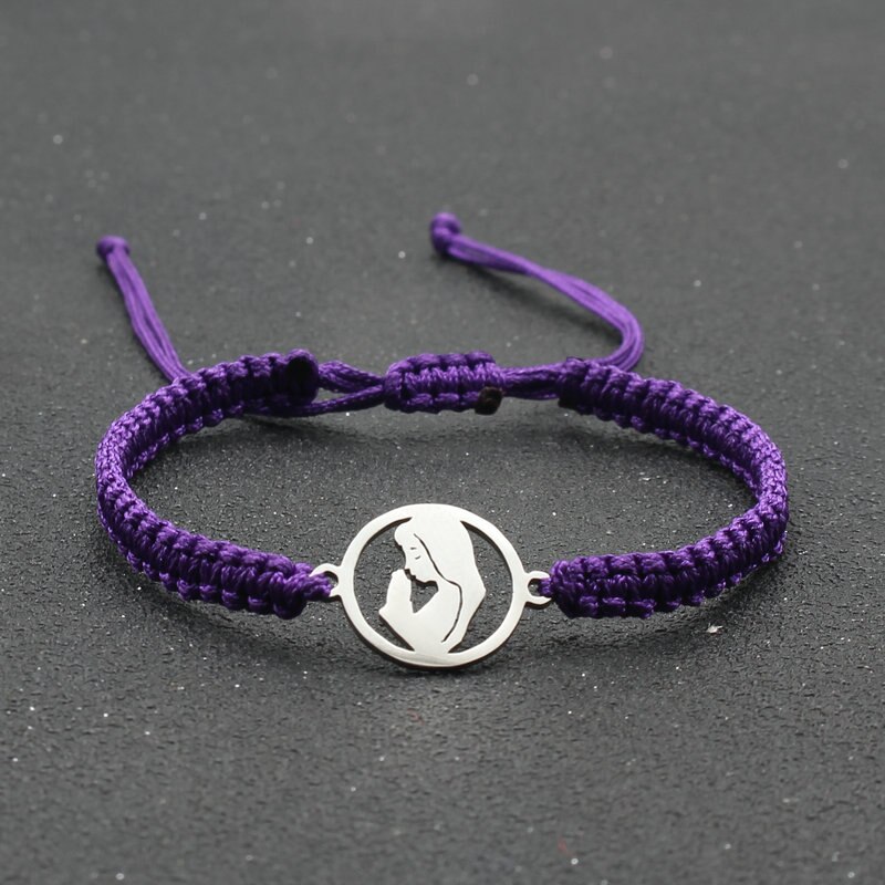 Lucky Rvs Maagd Maria Charm Armbanden Voor Vrouwen Mannen Koppels Handgemaakte Gevlochten Touw Ketting Armband Vriendschap Sieraden: Purple