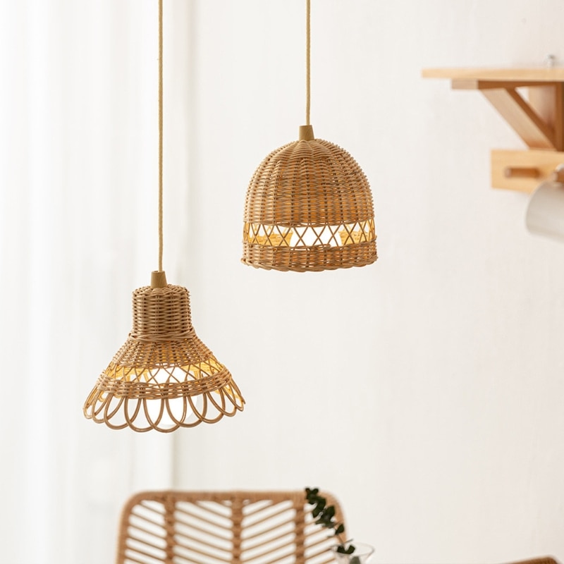 Hand-woven Natural Rattan Lampshade Chandelier Hanging Light Shades for Bedroom Living Room Homestay