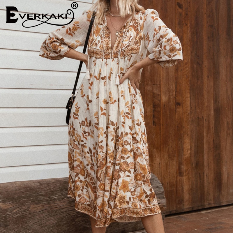 Everkaki, vestido largo bohemio con estampado Floral para mujer, Vestidos étnicos de verano para mujer, Maxi Vestidos sueltos, Casual para mujer, primavera ,