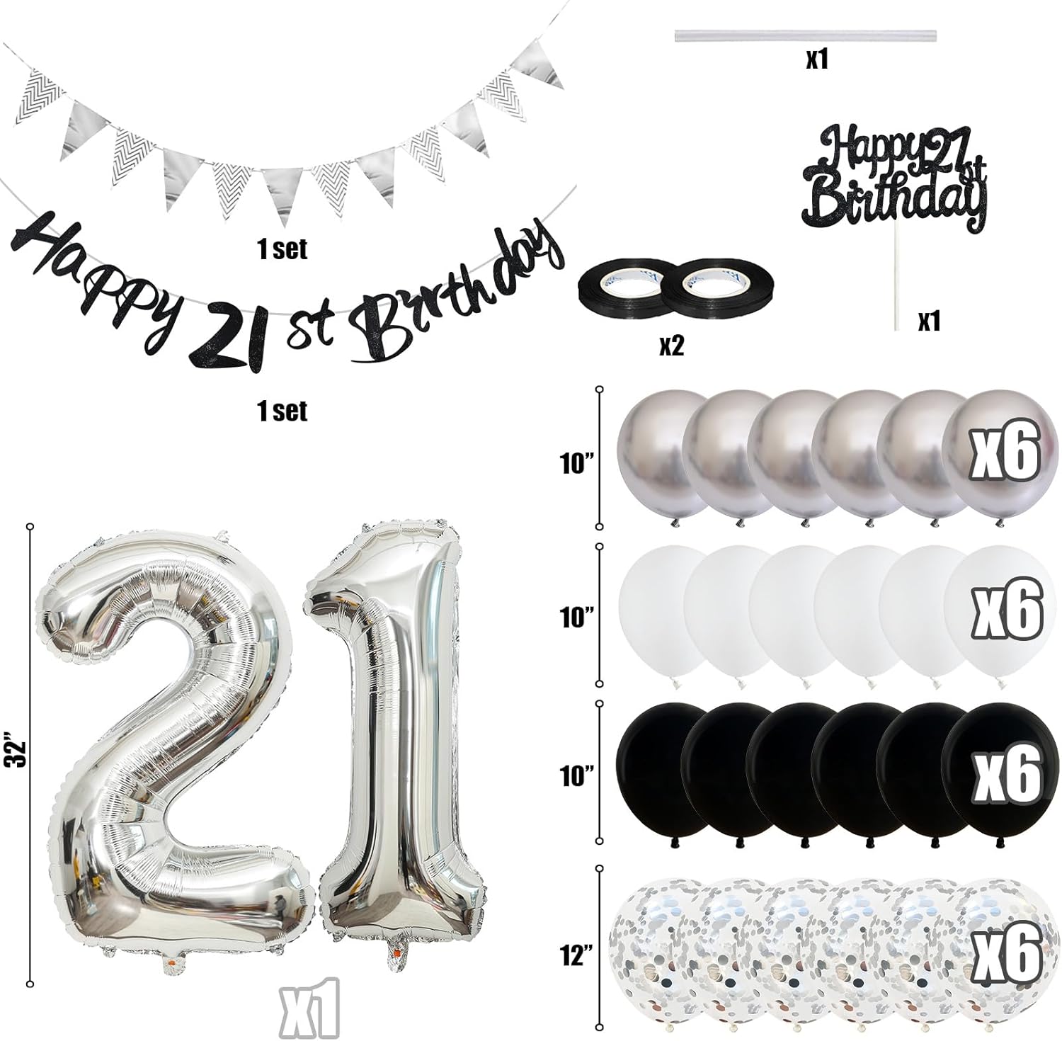 50 decoraciones de de cumpleaños para mujeres y hombres, pancarta de feliz 30, 40 y 60 cumpleaños, globos, suministros para decoración de tartas, color negro, plateado y blanco: AGATE
