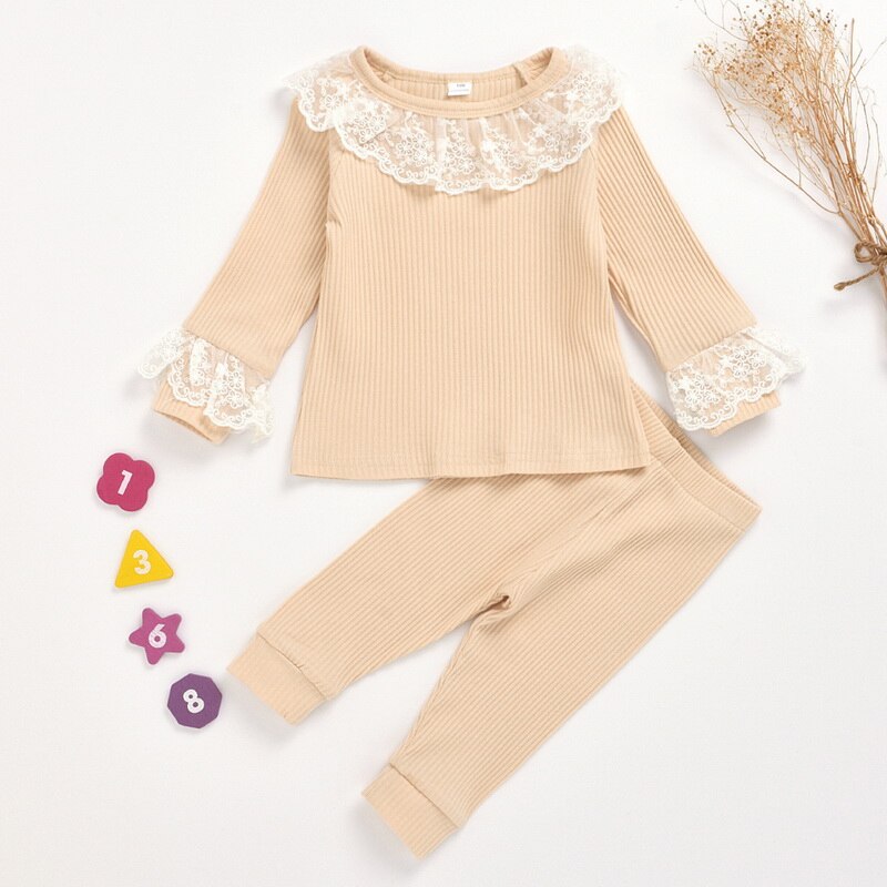 printemps bébé pyjamas tricot gaufre couleur unie dentelle manches longues coton fille porter avec pantalon bébé vêtements E006: beige / 130cm
