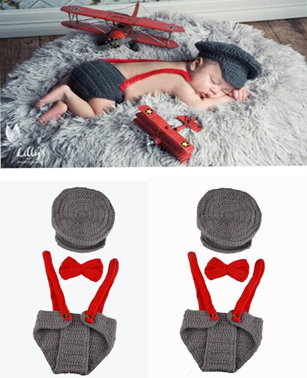 Pasgeborenen Foto Props Baby Breien Outfit Gehaakte Baby Boy Gentleman Hoed Strikje Broek Set Gebreide Muts Baby s MZS-15039: Default Title