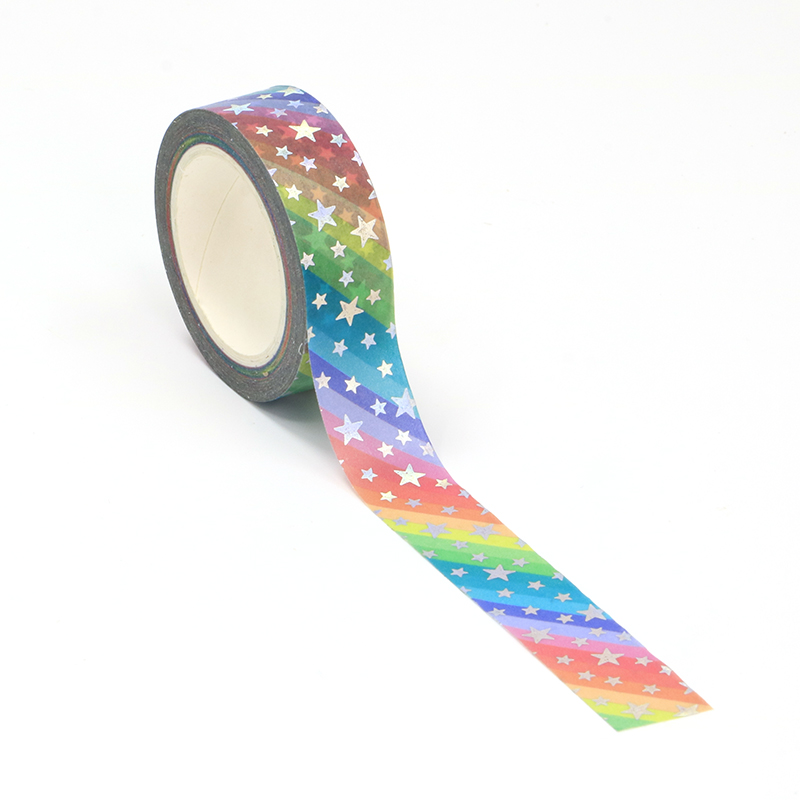 1 unidad. Cinta Washi de estrellas arcoíris de lámina plateada decorativa de 10M para planificador, pegatinas adhesivas para álbum de recortes, cinta adhesiva, papelería Kawaii bonita