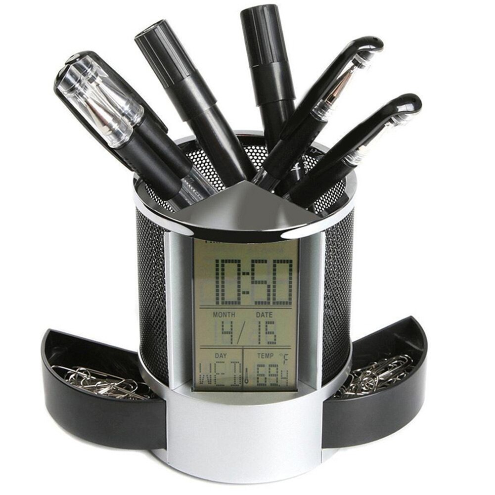 Office LCD Alarm Clock Time Temperature Display Pen Pencil Holder Desk Organizer multifunctional pen holder with storage drawer