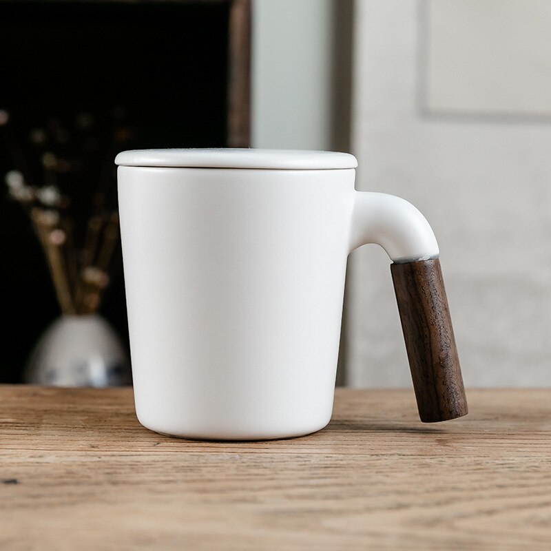 Ceramic Cup Simple Cup With Lid Wooden Insulated Handle Black And White Ceramic Milk Coffee Drink Cup Coffee Appliance: White