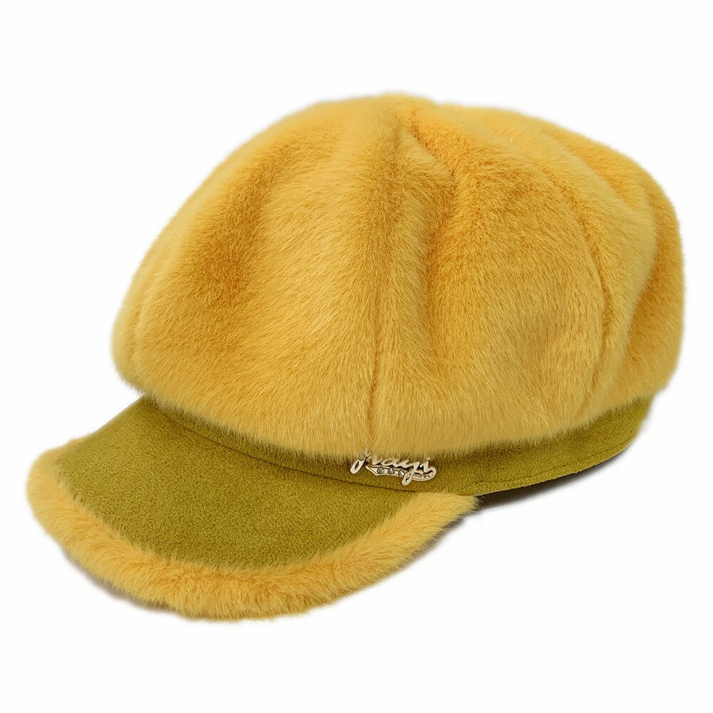 Hatte til kvinder imiteret pels plys tyknet varm ottekantet hat efterår vinter koreansk hat afslappet newsboy hætter: Gul