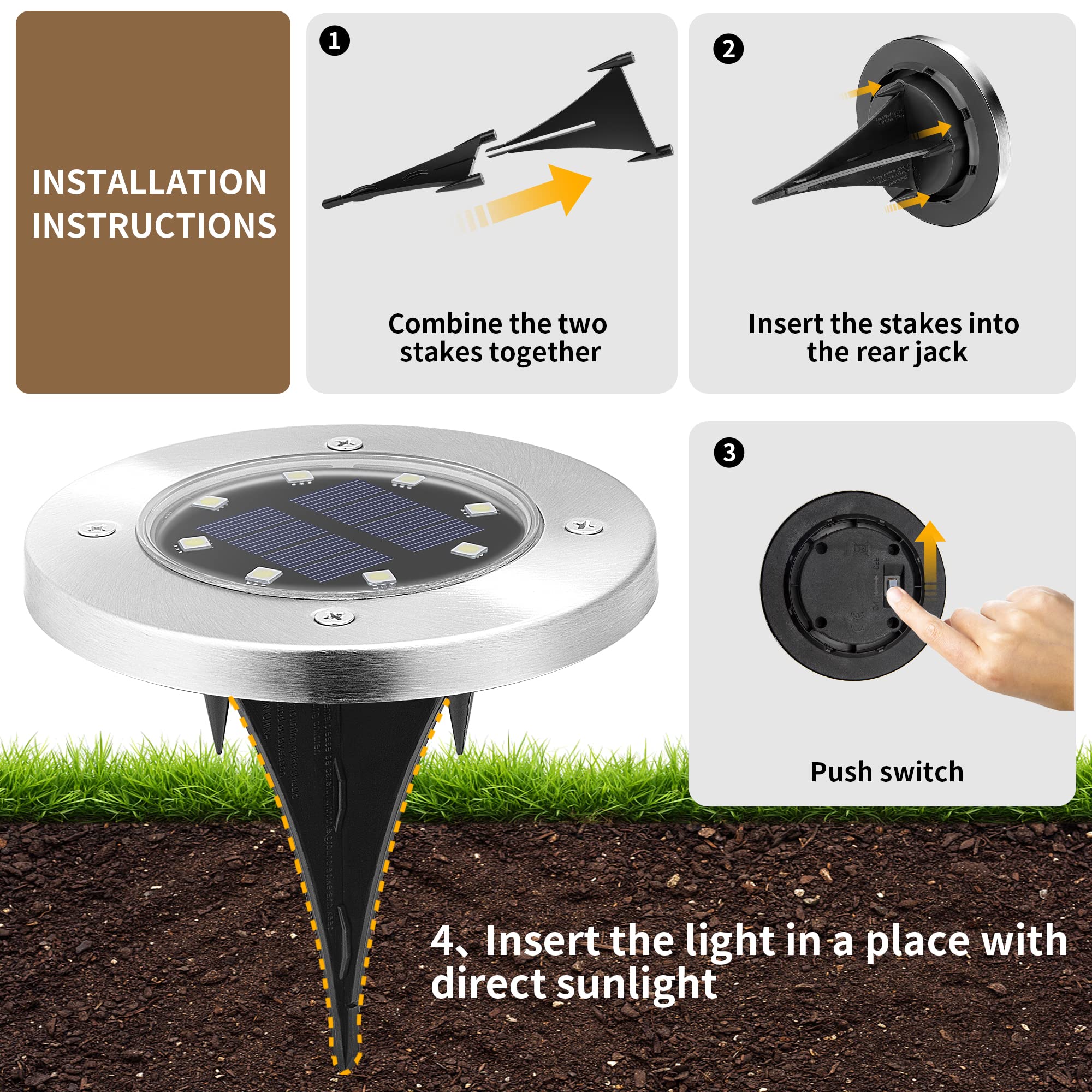 Luces solares de jardín de 8LED, disco de acera impermeable para exteriores, iluminación de paisaje empotrada en el suelo brillante para césped, Patio, camino, escalones de Patio