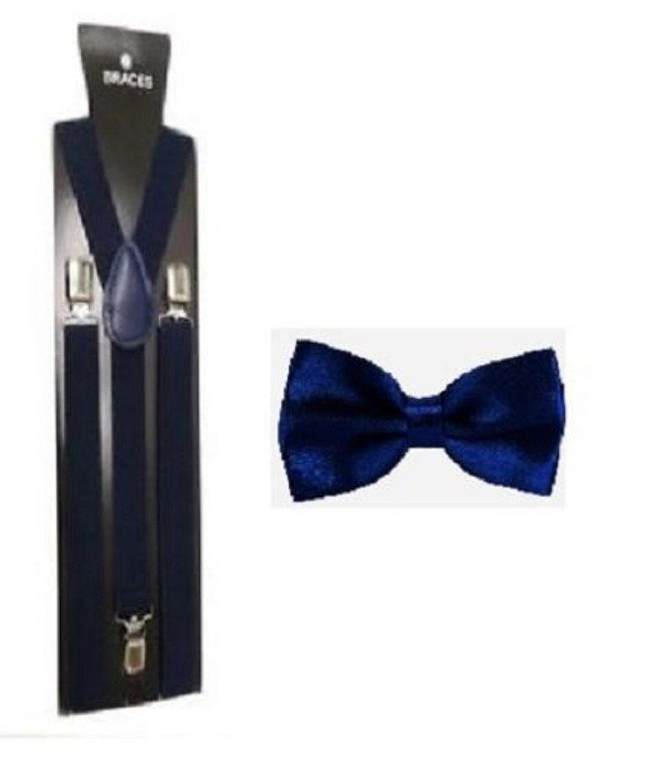 Men's Adult Matching Suspenders Braces & Pre-Tied Bow Tie Combo Sets Fancy Costume: Navy