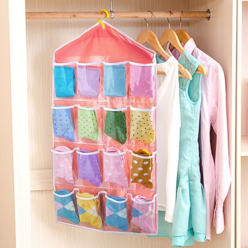 Opbevaringsboks 16 lommer klar hjemmehængende værktøjstaske sokker bh undertøj rackbøjle opbevaring arrangør soveværelse mesh taske: Lyserød