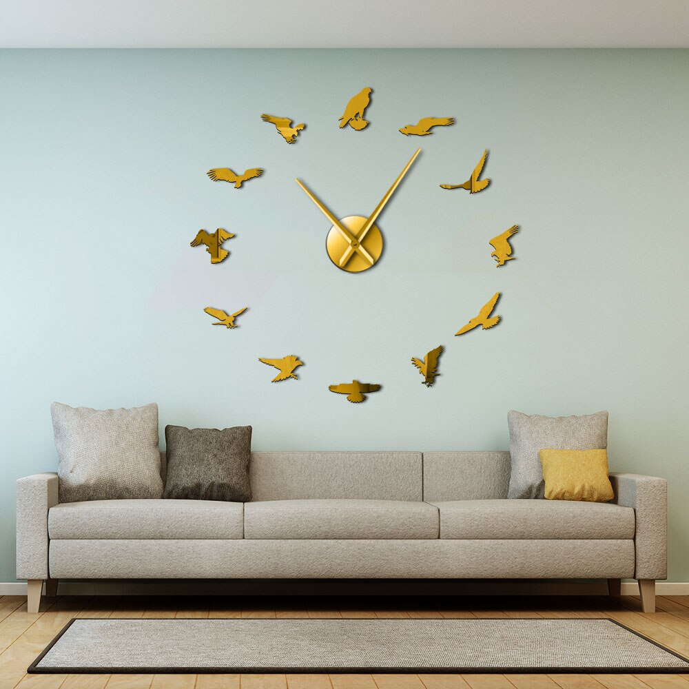 Falconry Bird Self Adhesive DIY Clock Watch Peregrine Falcon Silent Quartz Frameless Big Needles Quiet Sweep Cool Wall Art