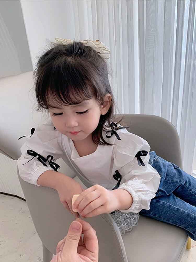Autumn Girls Long Sleeve White Blouses with Bow Kids Cotton Tops Girls Tops
