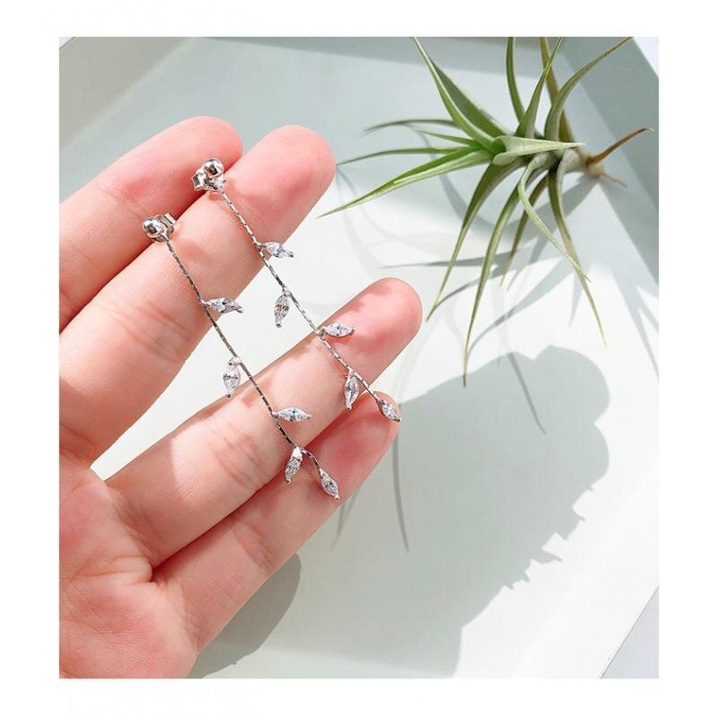 Lange Verzilverd Crystal Leaf Tassel Oorbellen Voor Vrouwen Wedding Sieraden