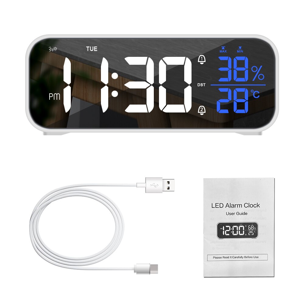 Snooze Table Clock USB Rechargeable Digital Clock with Voice Control Temperature Humidity LED Music Alarm Clock Multi-functional: WHITE