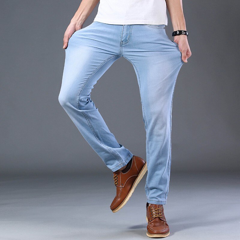 Jean Ultra-fin en coton extensible pour homme, pantalon de , décontracté, bleu clair, Style classique, Business,