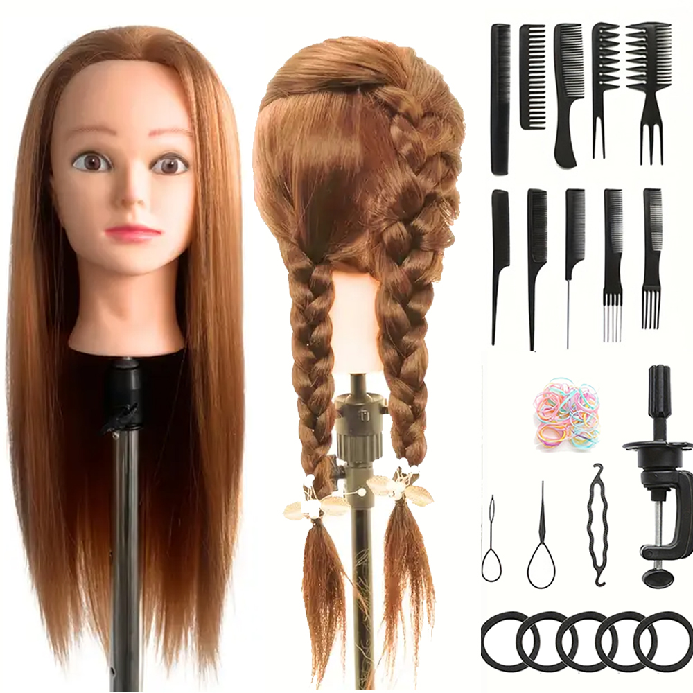 Synthetic Fiber Hairdresser Practice Styling Training Head, Human Model Doll Head, with Free Rubber Band and Hairdressing Tools: Default Title