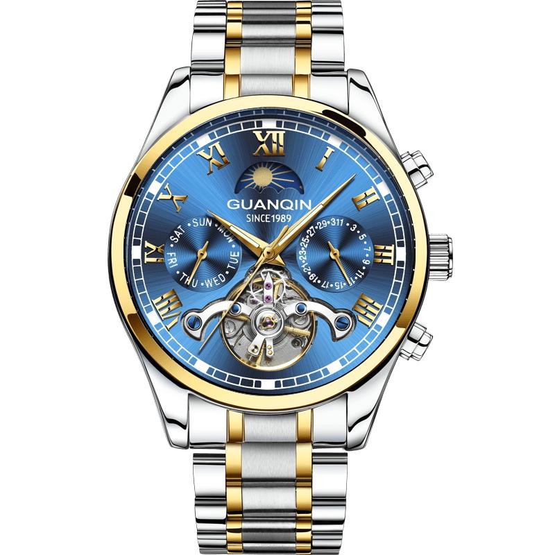 GUANQIN-Reloj de GJ16149-Men, Tourbillon automático, mecánico, resistente al agua 30M, con caja de acero inoxidable luminosa: Golden blue