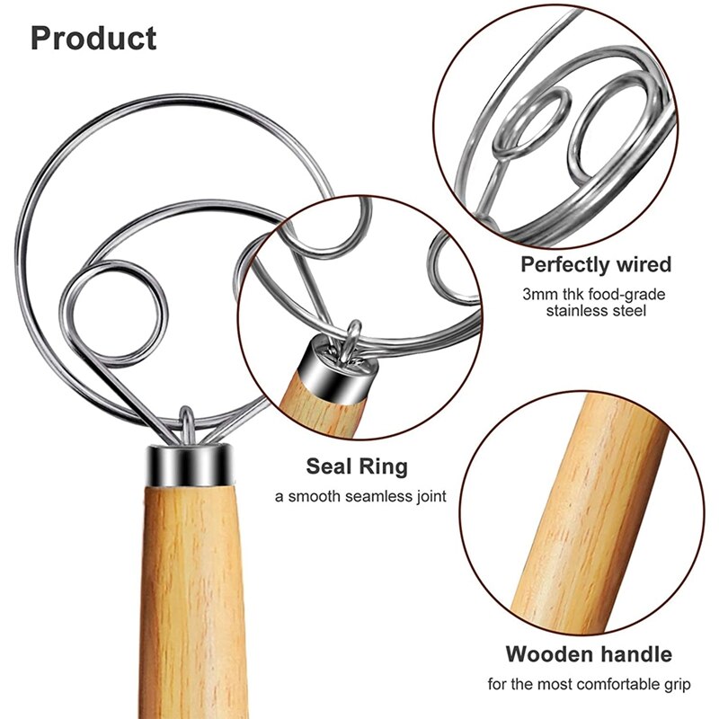2Pcs Danish Dough Whisk, 13 Inch Stainless Steel Dutch Whisks, Wooden Danish Whisk, Whisk Kitchen Tool for Bread, Batter