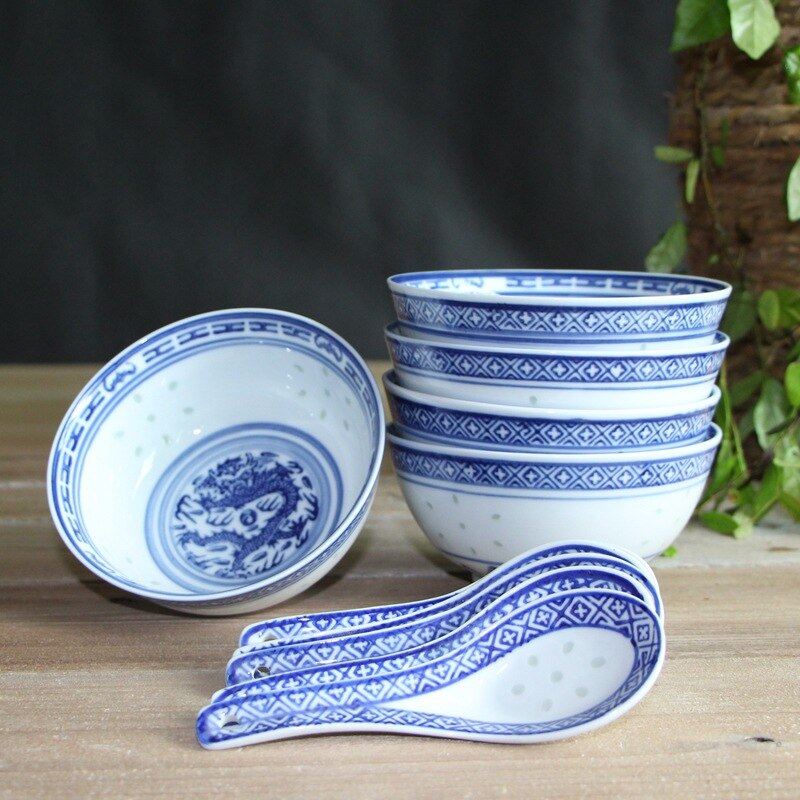 Jingdezhen Blau und Weiß Porzellan Geschirr Keramik exquisit Schüssel Porzellan Schüssel 5 Zoll Reis Schüssel einstellen Haushalt Schüssel und Erzähler: 5 Zoll Linglong Drachen Entwurf 5 Schüssel  5 Löffel
