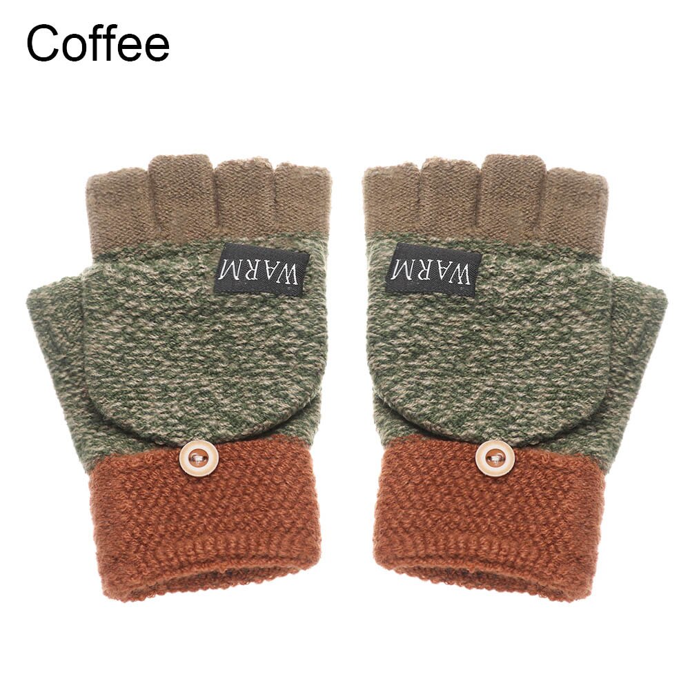Winter Warm Knitted Gloves Women Men Fingerless Exposed Finger Half Capped 2 in 1Thick Gloves Soft Elastic Gloves: 2-coffee