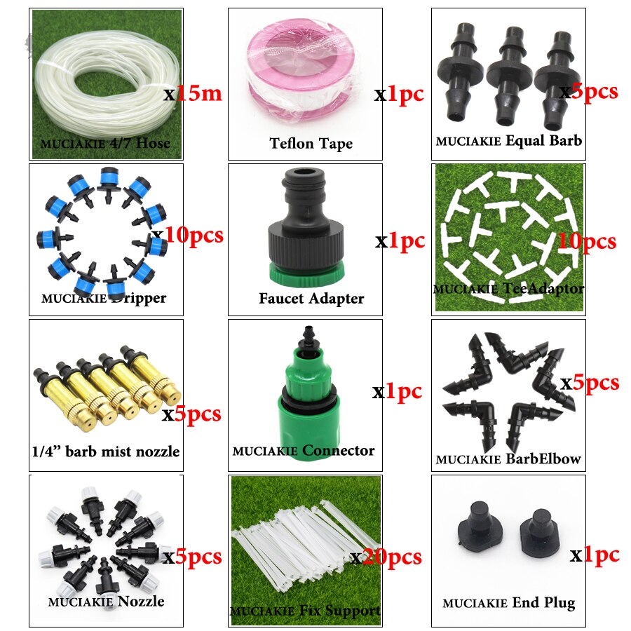 MUCIAKIE 40M to 10M Garden Water Plant Irrigation System Planter Dripper Kit Drip Line Set with 1/4'' PVC Hose Sprinklers: 15mxAB524C