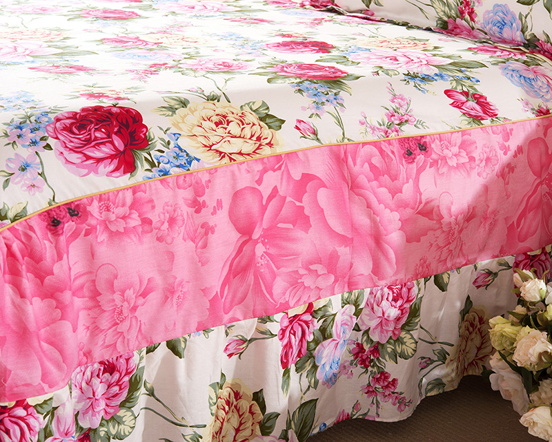 Floral Cotton Ruffle Bedspread Mattress Cover Princess Bedding Bed Skirt &amp; Cotton Ruffle Pillowcase Rose Flower Spring Autumn