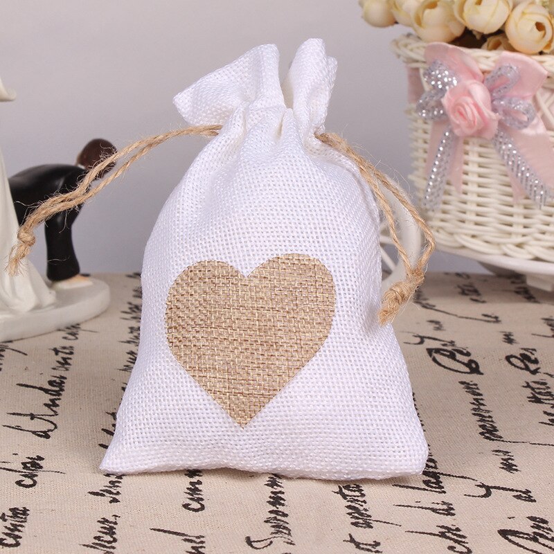 1 PC 10x14CM Hochzeit Taschen Schmuck Tasche modisch Weiß Natürliche Leinen Kordelzug Hochzeit Favor Taschen Beutel herz bilden: Stil B