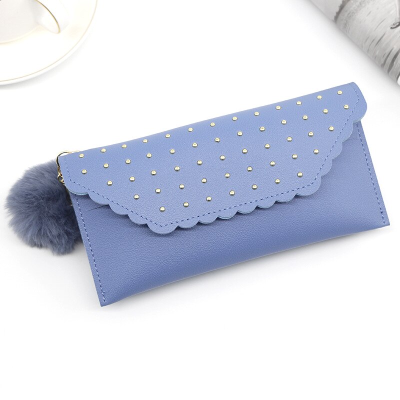 Wallet For Women Retro Rivet Hasp Long Ladies Wallet Card Purse PU Leather Wallet With Fur Ball Ornaments Phone Bag: Blue-A