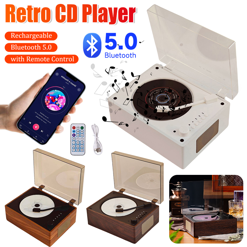 Rechargeable Retro CD Player Wireless Bluetooth 5.0 Speaker USB 3.5mm AUX Portable CD Player Home Music Player Desktop CD Player