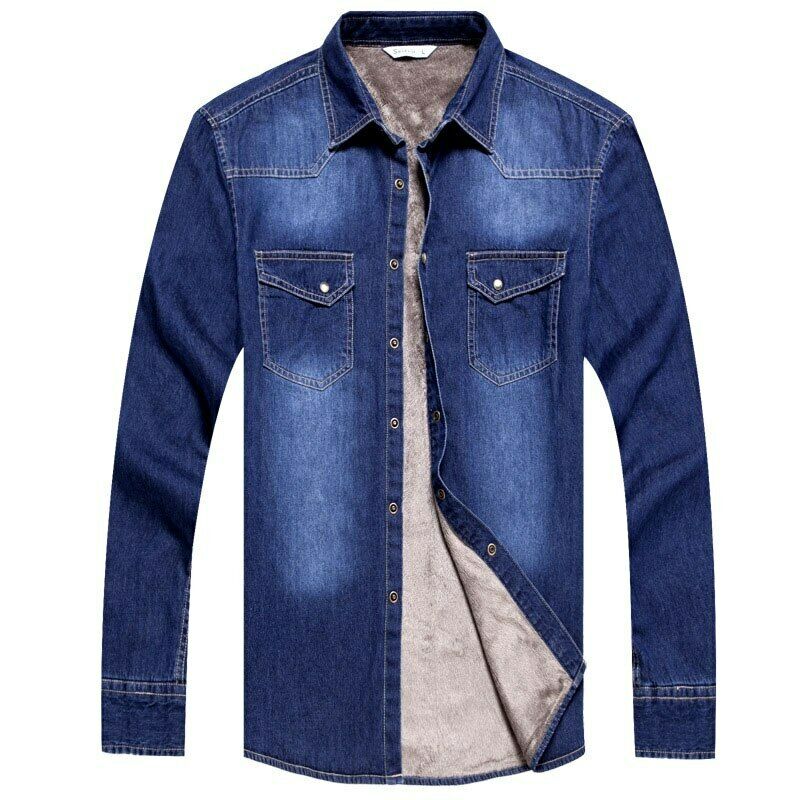 Herre vinter jeans skjorte varm fleece foret fløjl denim skjorter bundskjorte dd