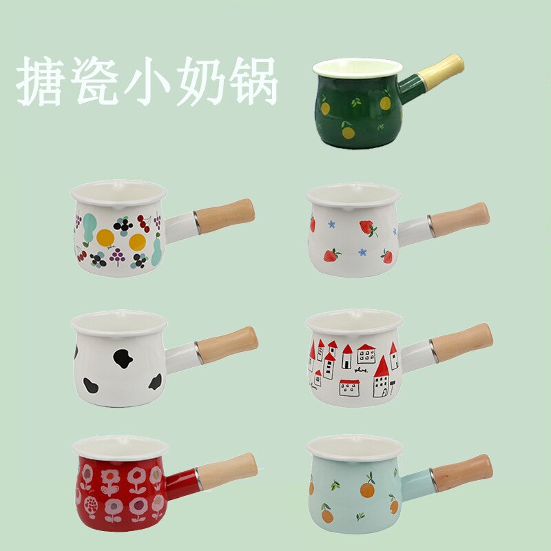 500ml Mini Emaille Kaffee Milch Topf mit Holz Griff Topf Kochgeschirr für Baby Frühstück Haferflocken Kochen Gas Herde Induktion