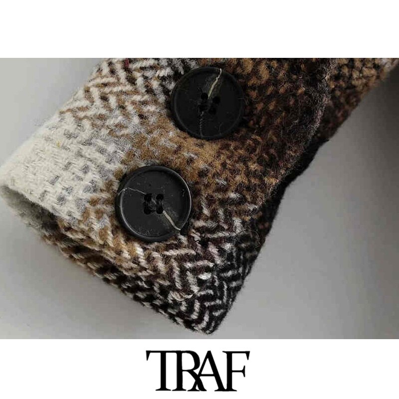 TRAF-Chaqueta de lana a cuadros para mujer, chaqueta holgada de lana de gran tamaño con bolsillos y manga larga, Estilo Vintage