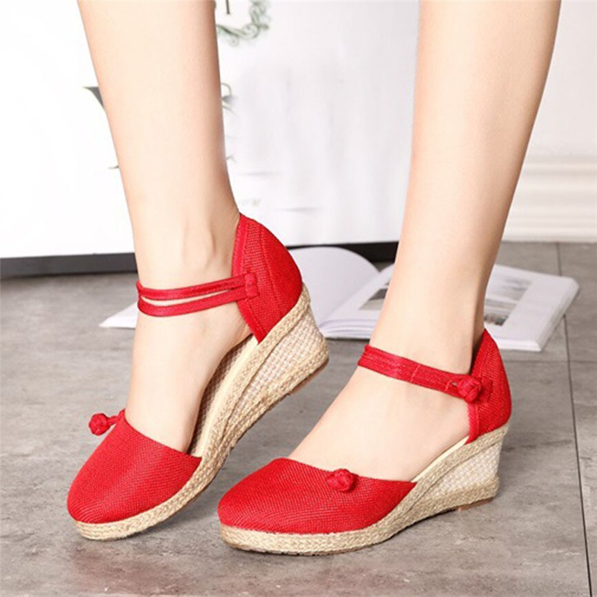 Straw Hemp Rope Sandals Women Ladies Retro Linen Canvas Wedge Round Toe Casual Sandals Singles Shoes Closed Toe Sandal: Red / 37