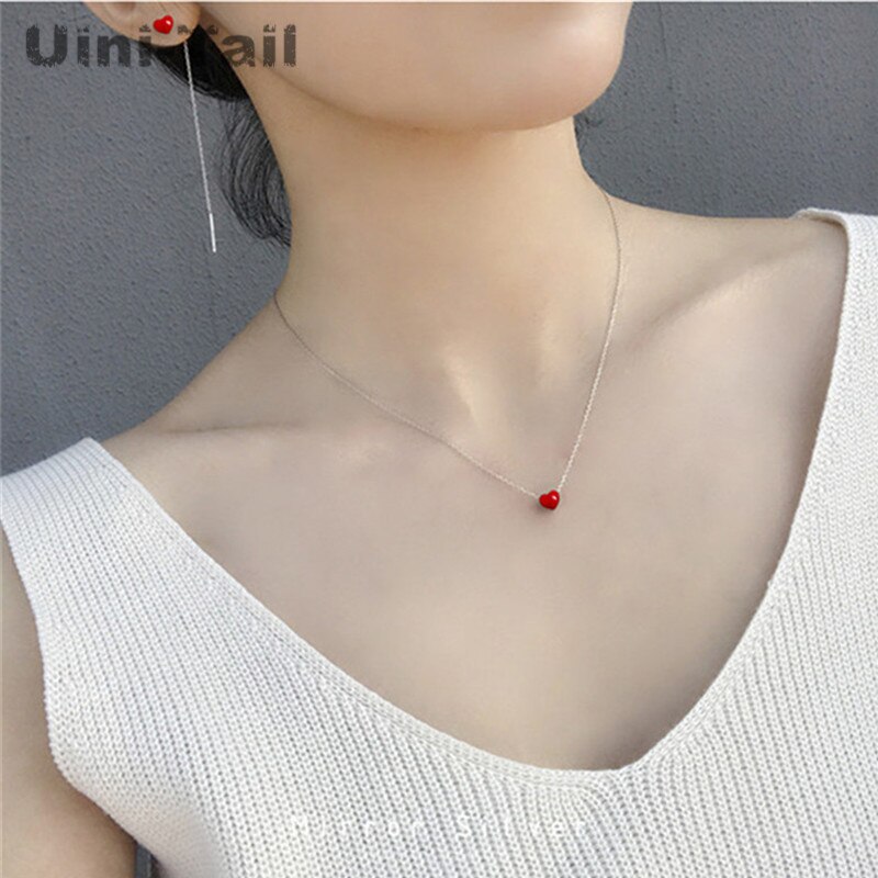 sweet cute 925 sterling silver handmade red glaze Heart-shaped necklace fresh trend peach girlfriend love