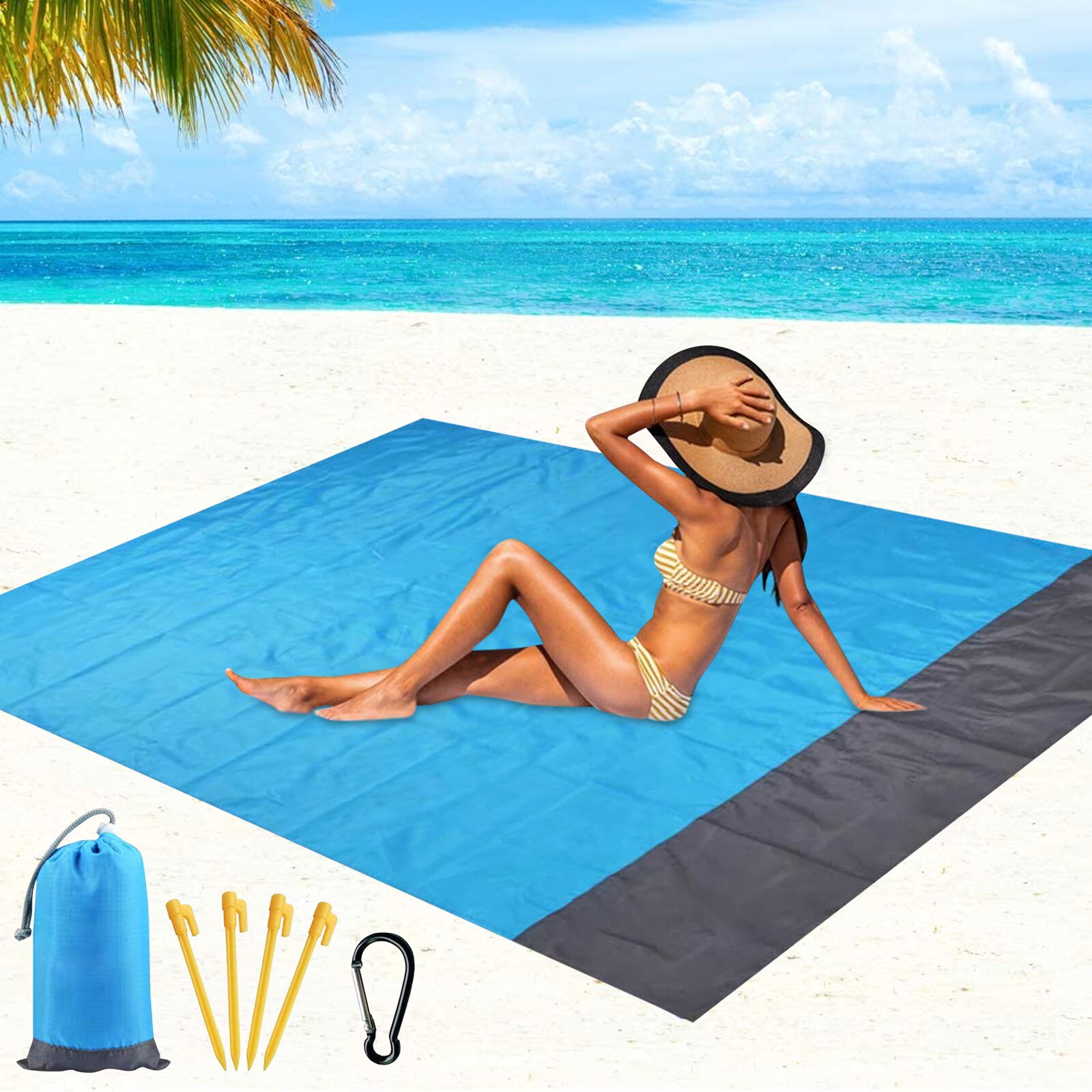 Coperta da spiaggia portatile impermeabile a prova d'umidità stuoia da Picnic all'aperto con borsa picchetti moschettone per campeggio spiaggia escursionismo 79x83in: Blue