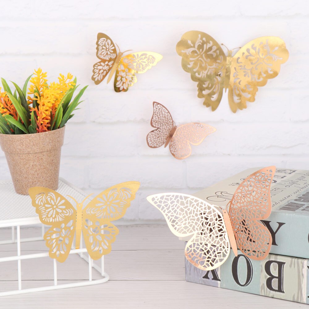 Autocollant mural papillon 3D ajouré, 12 pièces/ensemble, décoration pour mariage, décor de salle pour la maison, pour fenêtre, or argent, Stickers muraux