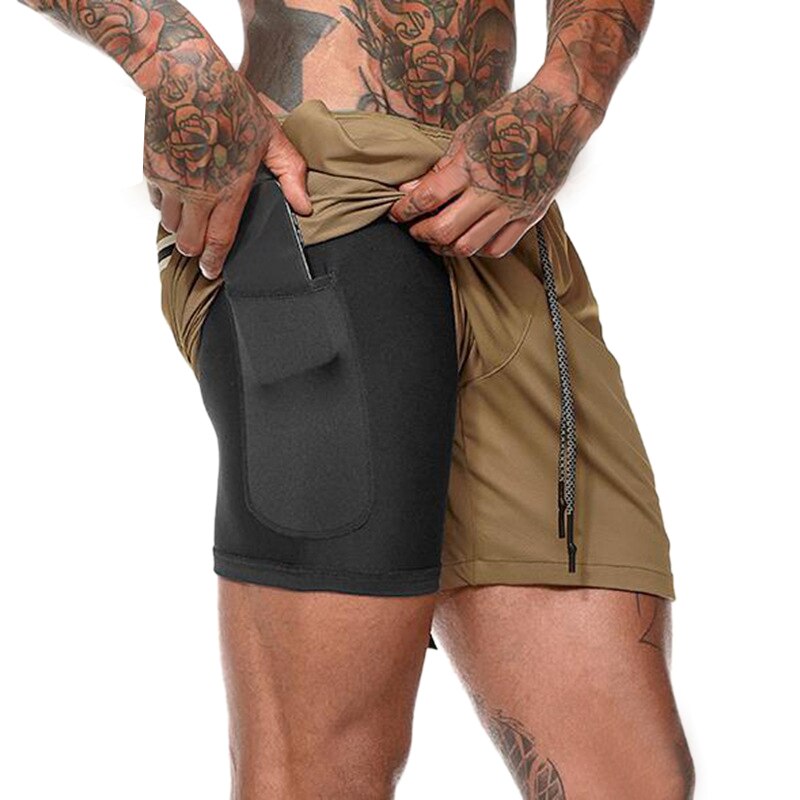 Mannen Dubbele Laag Mesh Fitness Shorts Gym Running Zachte Sneldrogende Shorts Sneldrogende Broek Fietsbroek: Khaki / XXXL