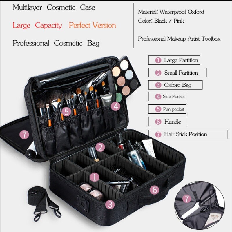 Vrouwen Professionele Nylon Make-Up Case Draagbare Reizen Schoonheidsspecialist Case Cosmetische Organizer Case Box Met Spiegel Schoonheid Koffer