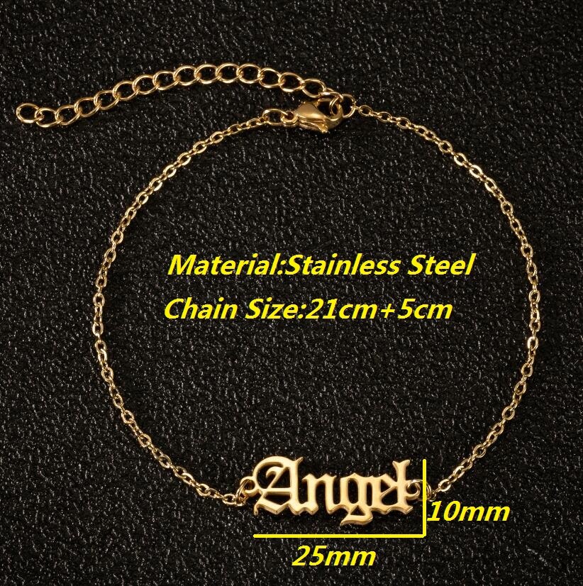 Vintage engelska bokstav ängel fotlänkar guld rostfritt stål kedja babygirl fotled armband för kvinnor fot smycken sommar strand