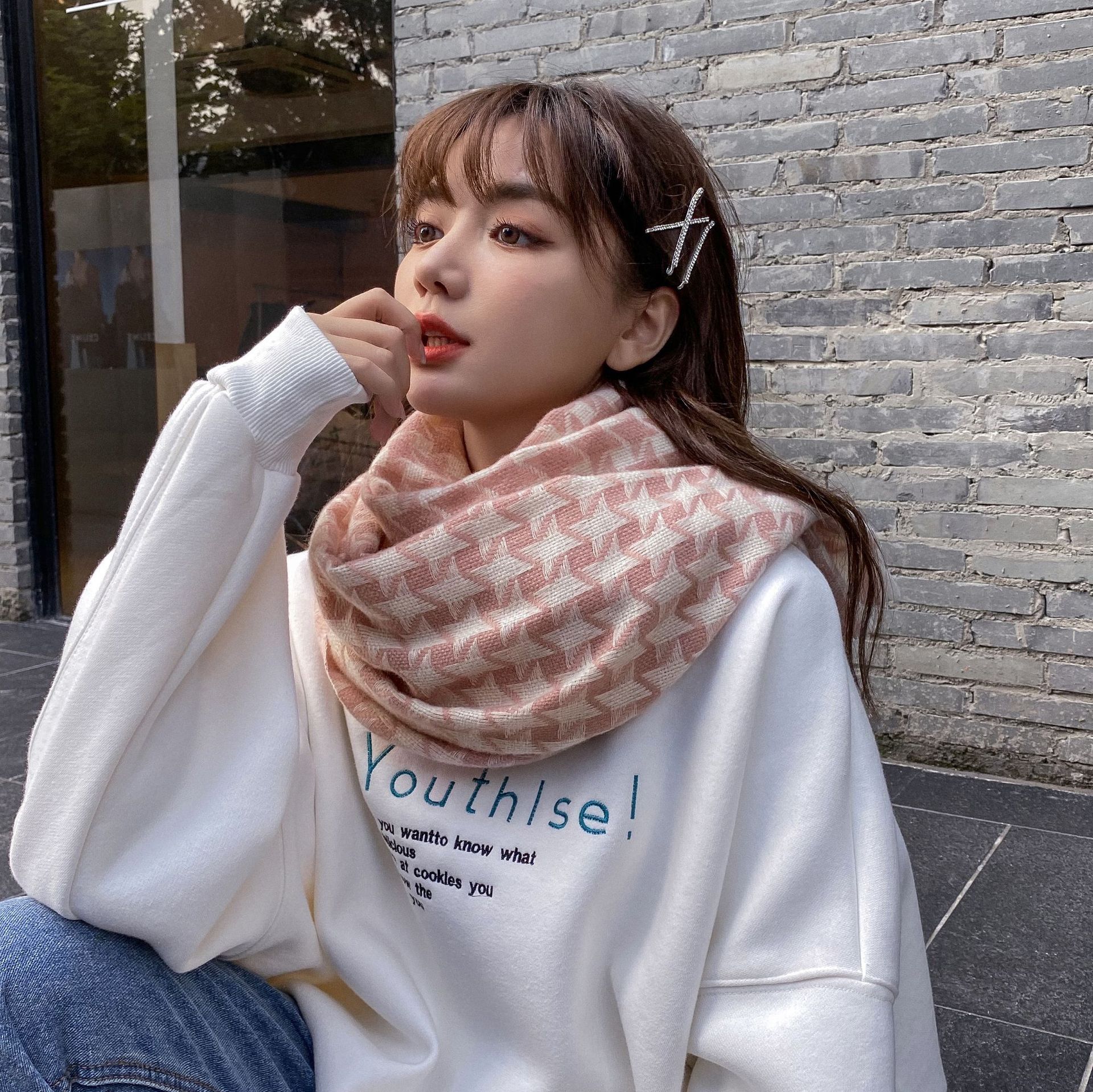 Houndstooth scarf winter women's thickened cold proof Bib European and American cashmere warm tassel Shawl Scarf