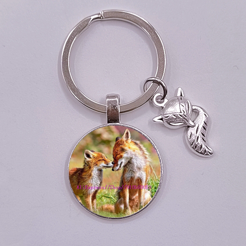 Porte-clés en verre, renard et fleur de dessin animé pour femmes, joli Animal coloré pour filles: Foncé Argent