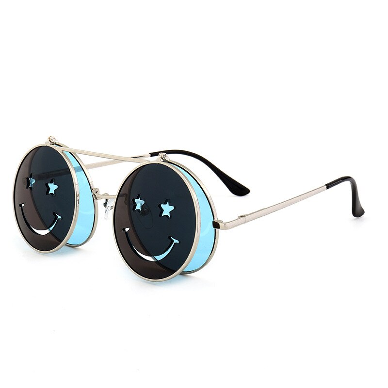 smiley Steampunk sunglasses double lenses clamshell glasses special trend ocean film hipster Resin sunglasses: Blue